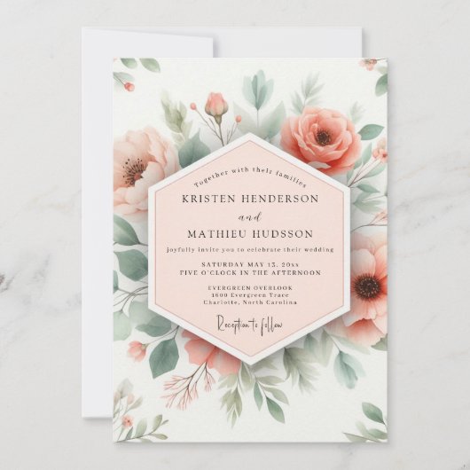 Peach Floral Romantic Wedding Einladung (Vorderseite)