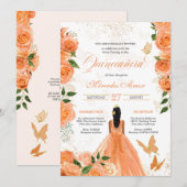 Peach Floral Rose Butterfly Quinceanera Einladung (Vorne/Hinten)