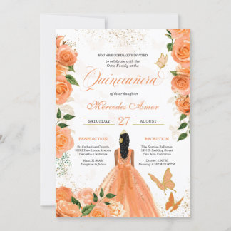 Peach Floral Rose Butterfly Quinceanera Einladung