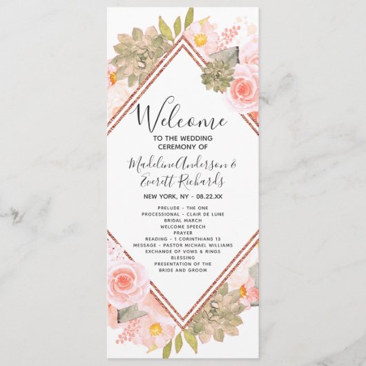 Peach Floral Rose Gold Wedding Zeremonie Programm (Vorderseite)