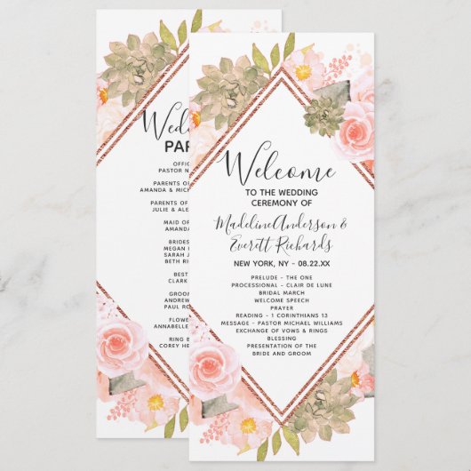 Peach Floral Rose Gold Wedding Zeremonie Programm (Vorne/Hinten)