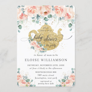 Peach Floral Rose Greenery Baby Dusche Tee Party Einladung