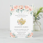 Peach Floral Rose Grüne Brautparty Tea Party Einladung (Stehend Vorderseite)