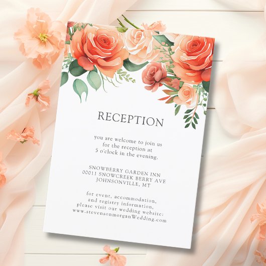 Peach Floral Rose Hochzeitsempfang Begleitkarte