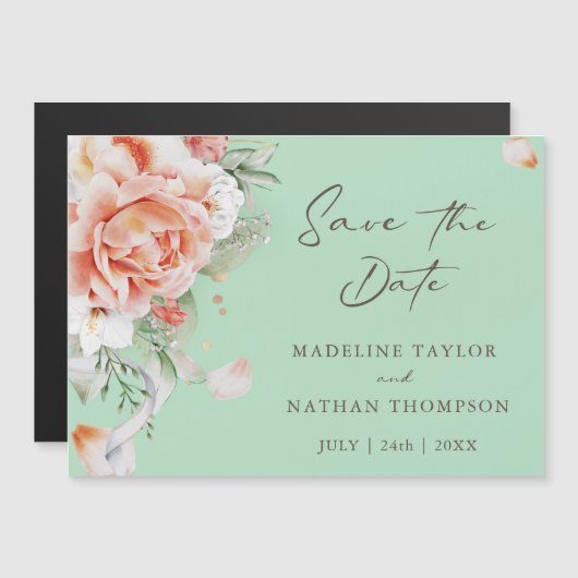 Peach Floral Save the Date Magneteinladung (Vorne/Hinten)