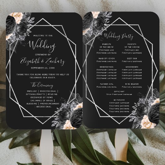 Peach Floral Silver Geo Black Wedding Programm Fächer