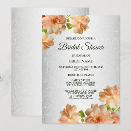 Peach Floral Silver Glitter Elegant Bridal Shower Einladung