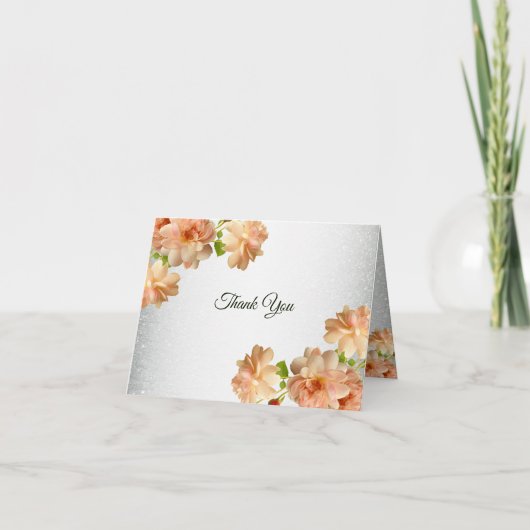 Peach Floral Silver Glitter Modern Wedding Party Dankeskarte (Vorderseite)
