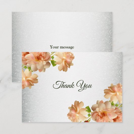 Peach Floral Silver Glitter Modern Wedding Party Dankeskarte (Vorne/Hinten)