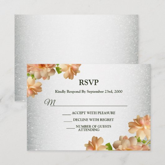 Peach Floral Silver Glitter Modern Wedding Party RSVP Karte (Vorne/Hinten)