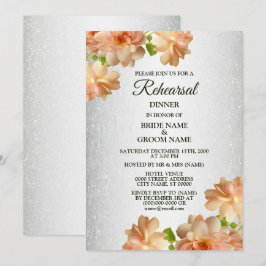 Peach Floral Silver Glitter Rehearsal Dinner Einladung