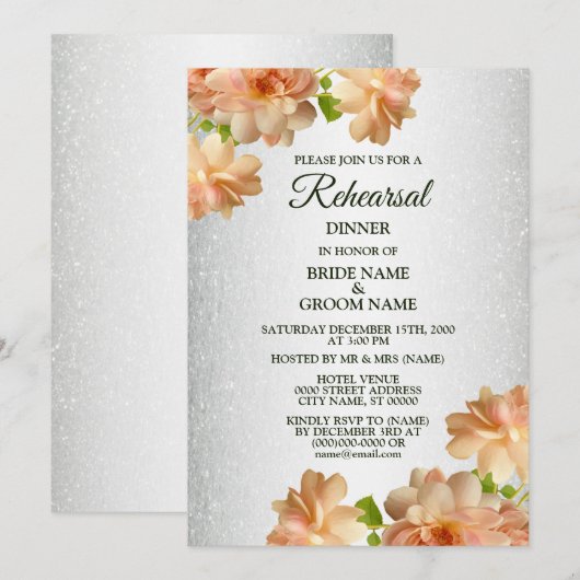 Peach Floral Silver Glitter Rehearsal Dinner Einladung (Vorne/Hinten)