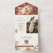 Peach Floral Terracotta Wedding QR Code All In One Einladung (Innen Boden)