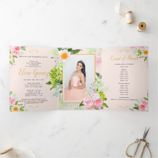 Peach floral Trifold Quinceanera Einladung