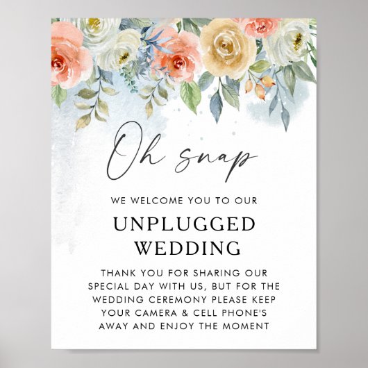 Peach Floral Unplugding Wedding Welcome Sign Poster (Vorne)