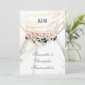 Peach floral Vintage Hochzeitskleid Menü Menükarte (Stehend Vorderseite)