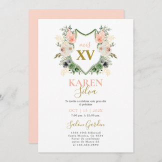 Peach floral Wappen Quinceanera Einladung