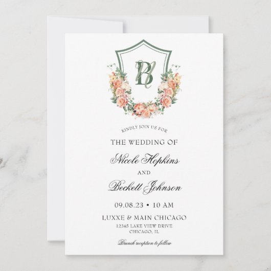 Peach Floral Wappen Wedding Einladung (Vorderseite)
