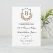 Peach Floral Wappen Wedding Einladung (Stehend Vorderseite)