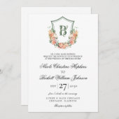 Peach Floral Wappen Wedding Einladung (Vorne/Hinten)