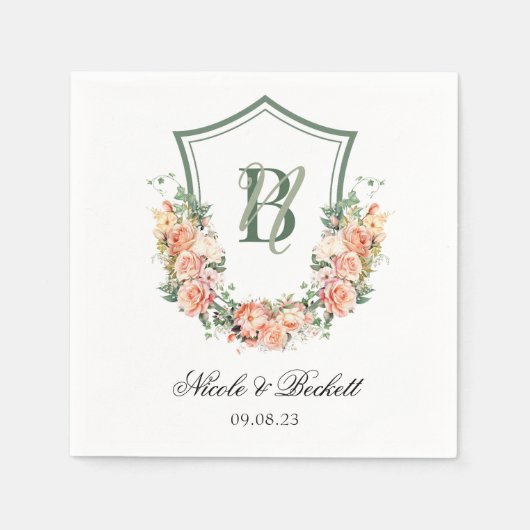 Peach Floral Wappen Wedding Serviette (Vorderseite)