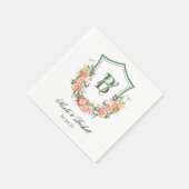 Peach Floral Wappen Wedding Serviette (Ecke)