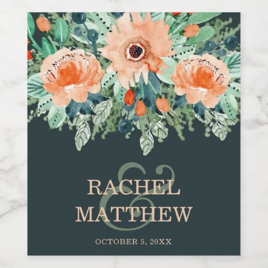 Peach Floral Watercolor auf Aquamarin Weinetikett (Einzelnes Label)