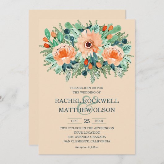 Peach Floral Watercolor Hochzeitseinladungen (Vorne/Hinten)