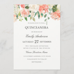 Peach Floral Watercolor Quinceanera Einladung