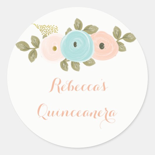 Peach Floral Watercolor Quinceanera Sticker (Vorderseite)