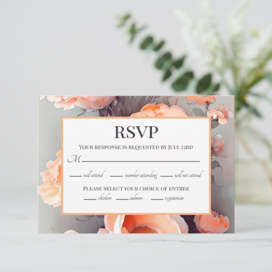 Peach Floral Watercolor Wedding RSVP Karte (Stehend Vorderseite)