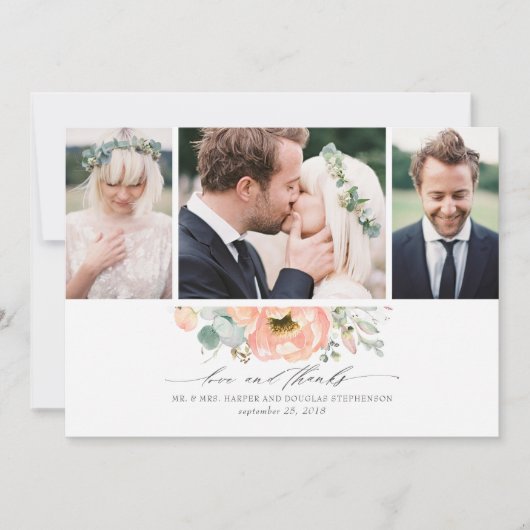 Peach Floral Wedding 3 Fotos Dankeskarte (Vorderseite)