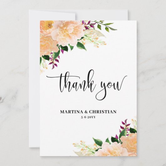 Peach Floral Wedding Dankeskarte (Vorderseite)