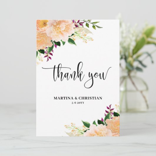 Peach Floral Wedding Dankeskarte (Stehend Vorderseite)
