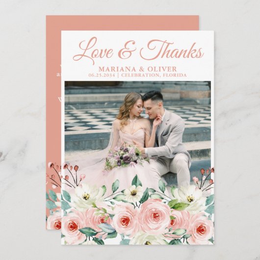 Peach Floral Wedding Foto Danke Karte (Vorne/Hinten)