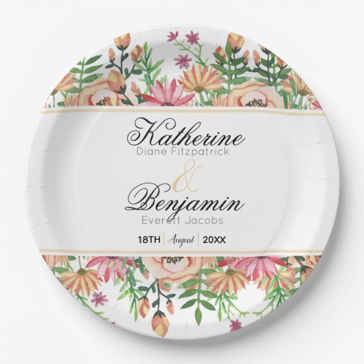 Peach Floral Wedding Pappteller (Vorderseite)