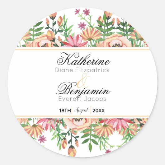 Peach Floral Wedding Runder Aufkleber (Vorderseite)