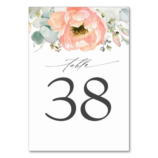 Peach Floral Wedding Tischnummer Cards (Vorderseite)
