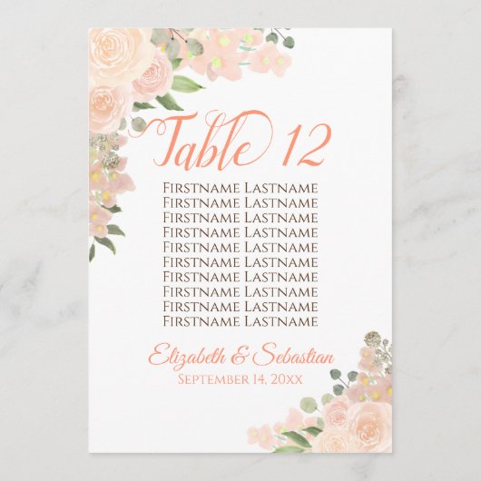 Peach floral Wedding Tischnummer & Names Large (Rückseite)