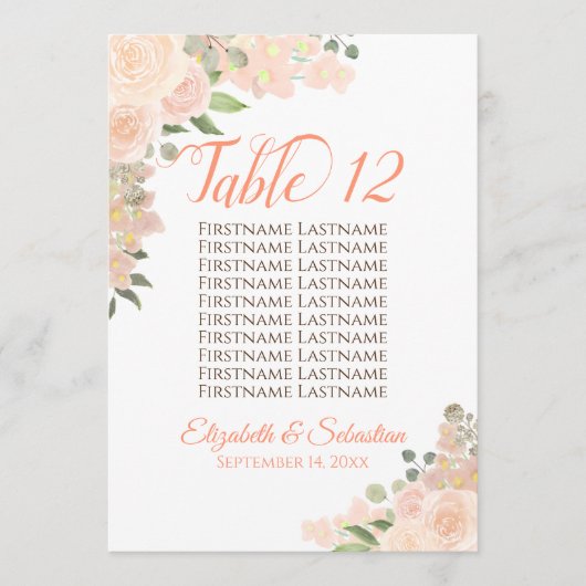 Peach floral Wedding Tischnummer & Names Large (Vorderseite)