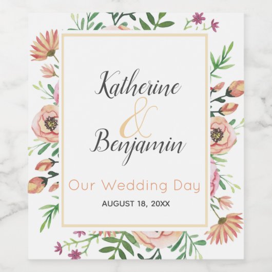 Peach Floral Wedding Weinetikett (Einzelnes Label)