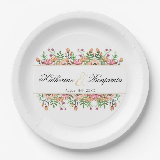 Peach Floral Wedding with name Pappteller (Vorderseite)