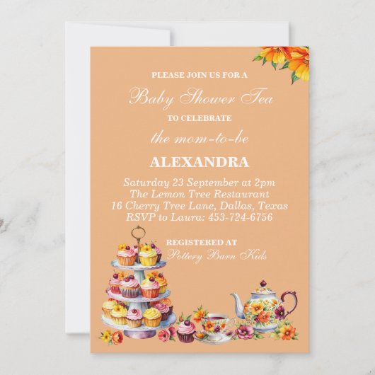 Peach Floral Whimsical Tea Baby Dusche Einladung (Vorderseite)