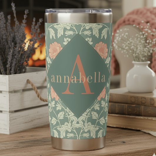 Peach Floral William Morris Elegant Monogram Thermobecher
