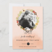 Peach Floral Wreath Foto Wedding Save The Date (Vorderseite)