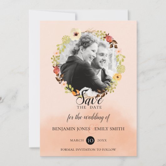 Peach Floral Wreath Foto Wedding Save The Date (Vorderseite)