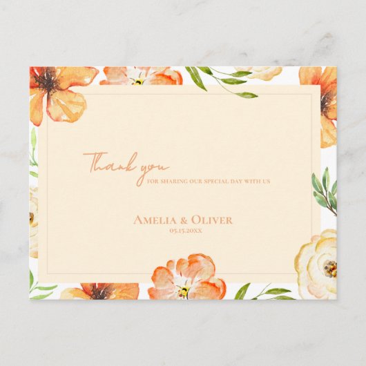 Peach Florals Romantic Garden Wedding Thank You Postkarte (Vorderseite)
