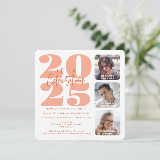 Peach Foto Triple Abschluss Einladung (Stehend Vorderseite)