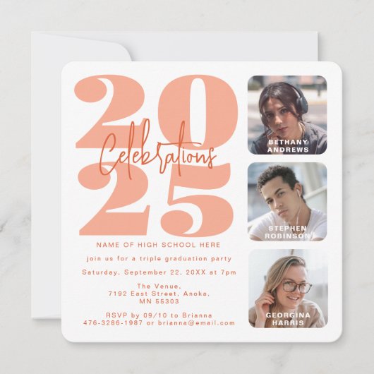 Peach Foto Triple Abschluss Einladung (Vorderseite)