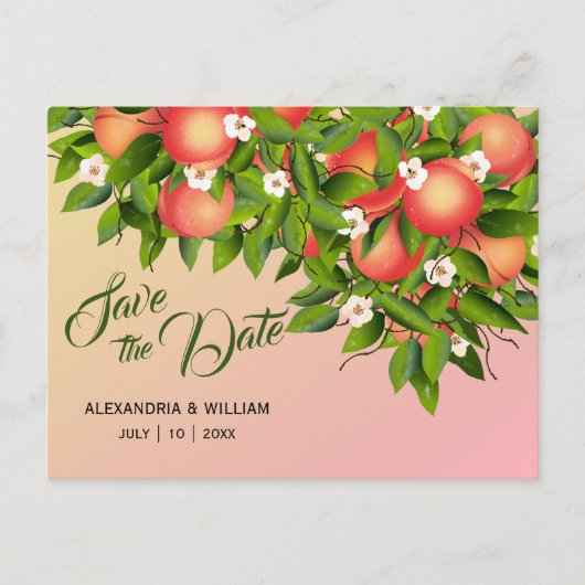 Peach Fruit Botanical | Hochzeitstag speichern Postkarte (Vorderseite)